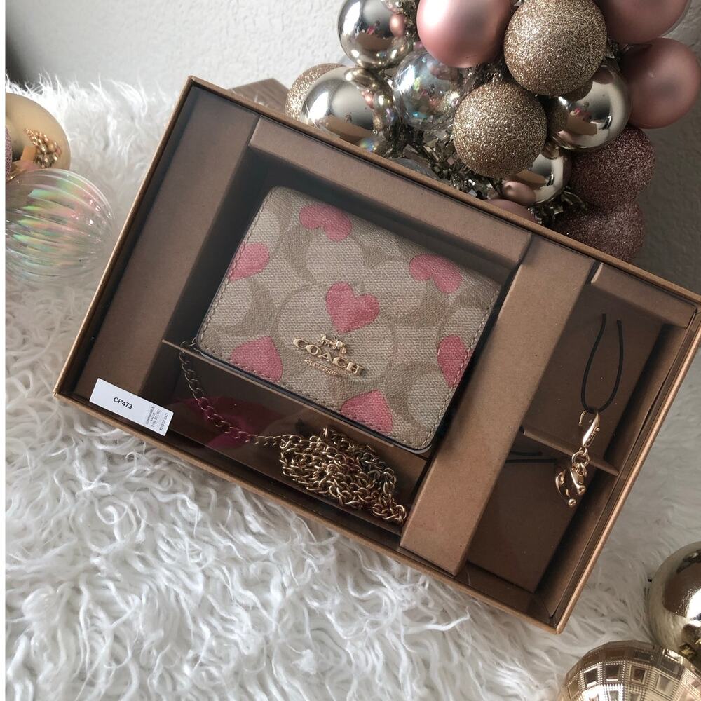New Coach Boxed Mini Wallet On A Chain In Signature Canvas With Heart Print - Picture 7 of 12